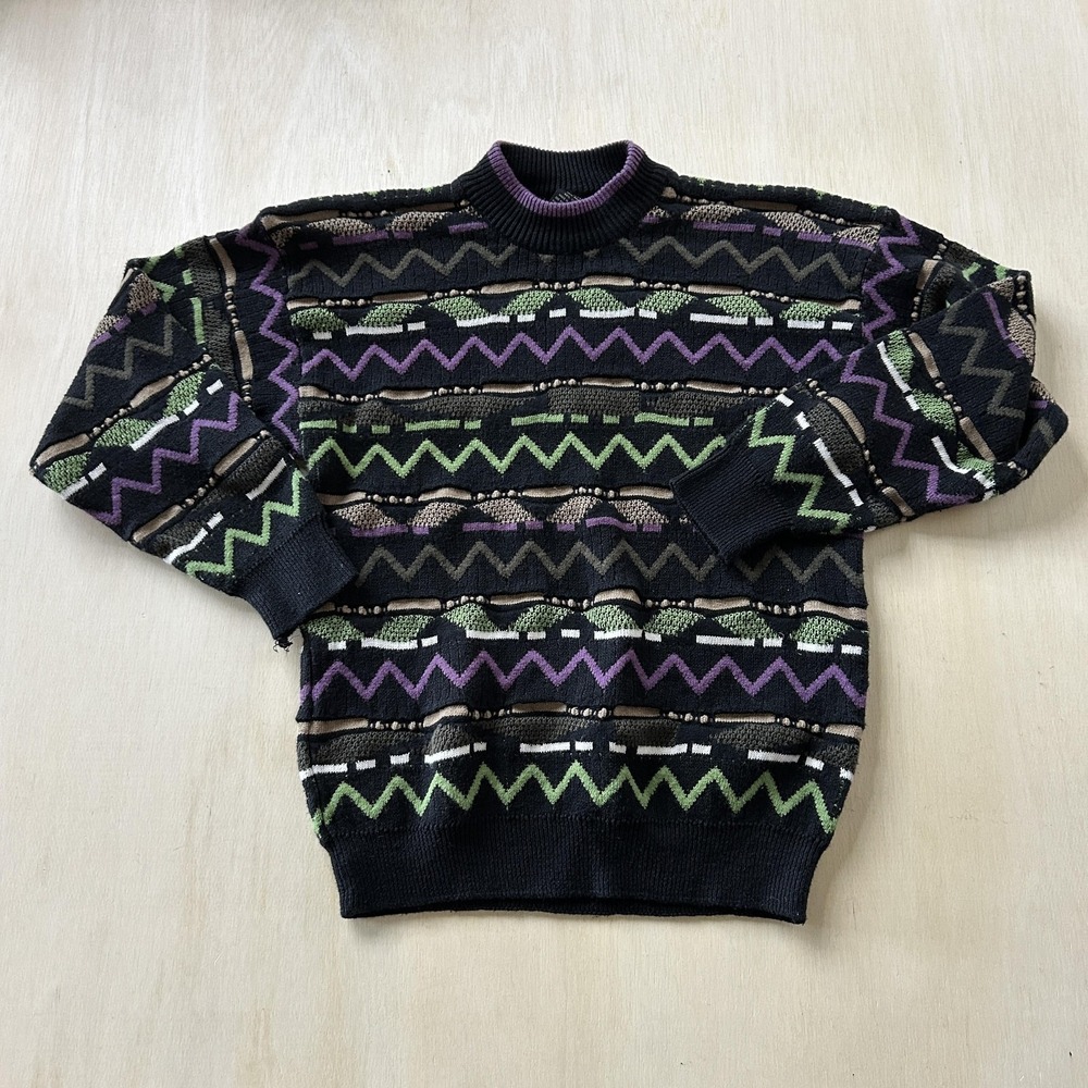 Vintage Generra Sweater Mens Medium Black Retro Geometric Mock Neck Hong Kong